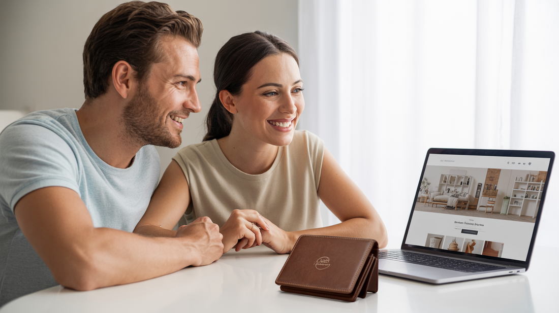 A man and a woman smiling at a laptop showing homewares with a wallet on the table. 