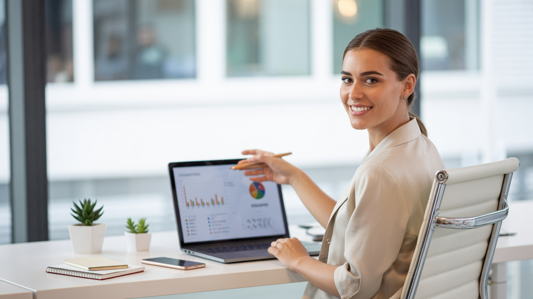 A woman smiling in front of her computer showing graphs about her business.