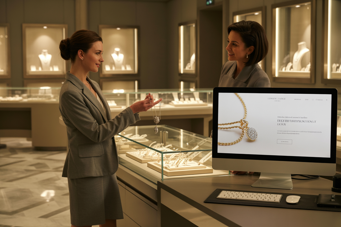Two female employees in a luxury jewelry store talking about a necklace that is for sale. 