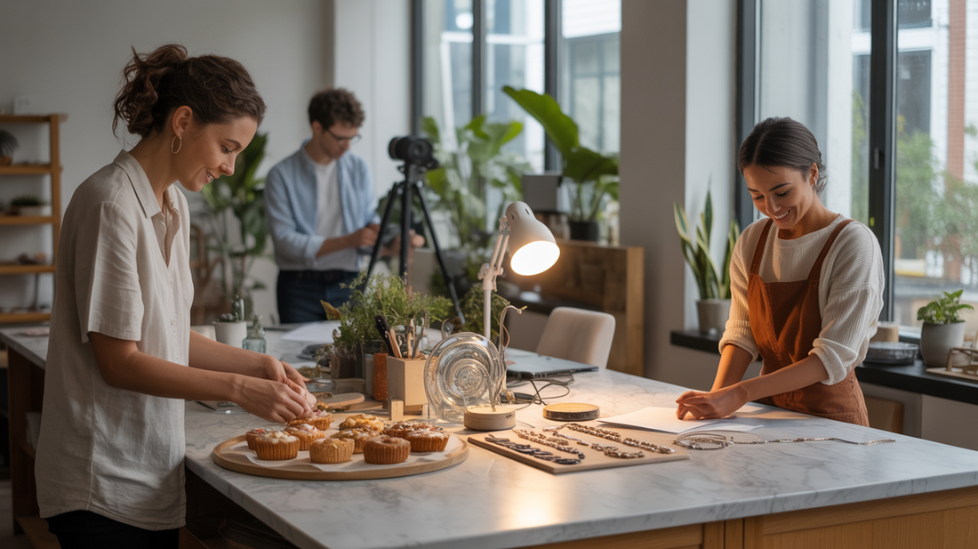 Three creators working together in a bright studio kitchen, including a baker, a jewelry maker, and a photographer, representing different types of small businesses.