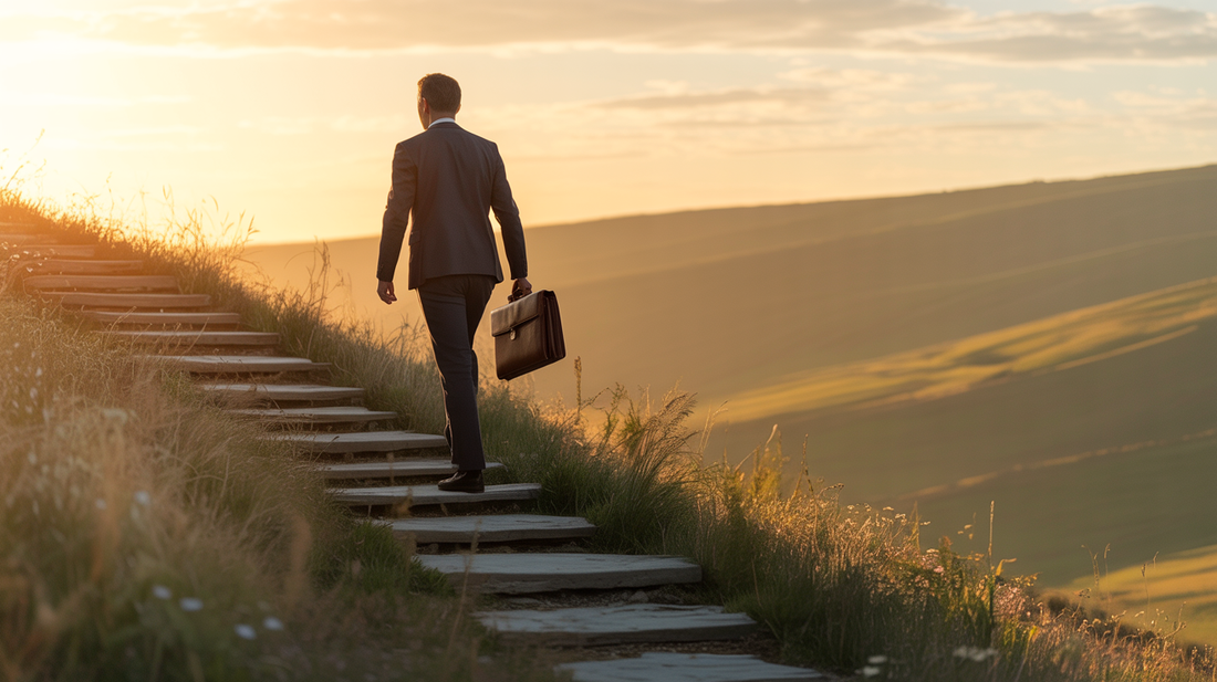 Business man climbing up some steps on a mountain