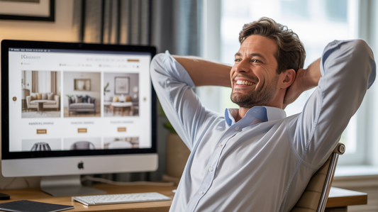 A man leans back in front of his computer that is displaying an online store, with a smile on his face.