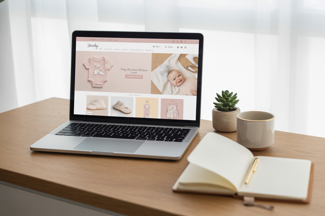 A laptop showing an online baby clothing store and an open notebook on a desk.